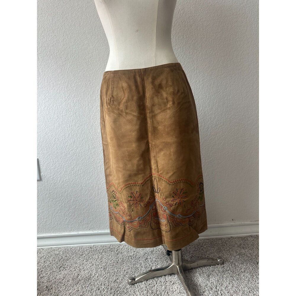 Vintage Harolds Brown Suede Leather Embroidered Skirt